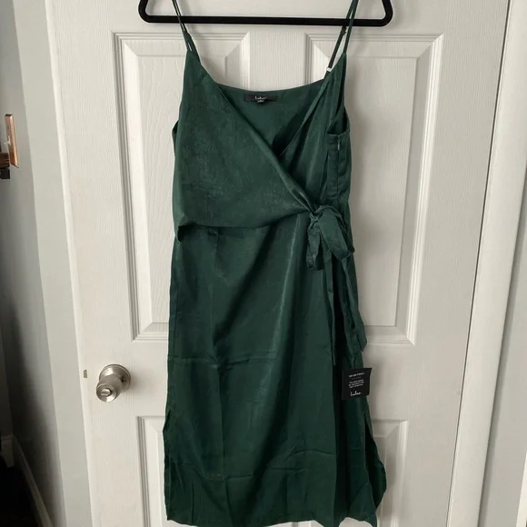 Forest Green Satin Midi Wrap Dress - Picture 5 of 5